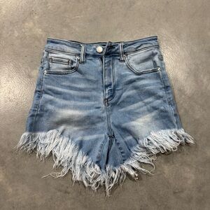 Risen Los Angeles Blue Jean Shorts with Distressed Frayed Hem